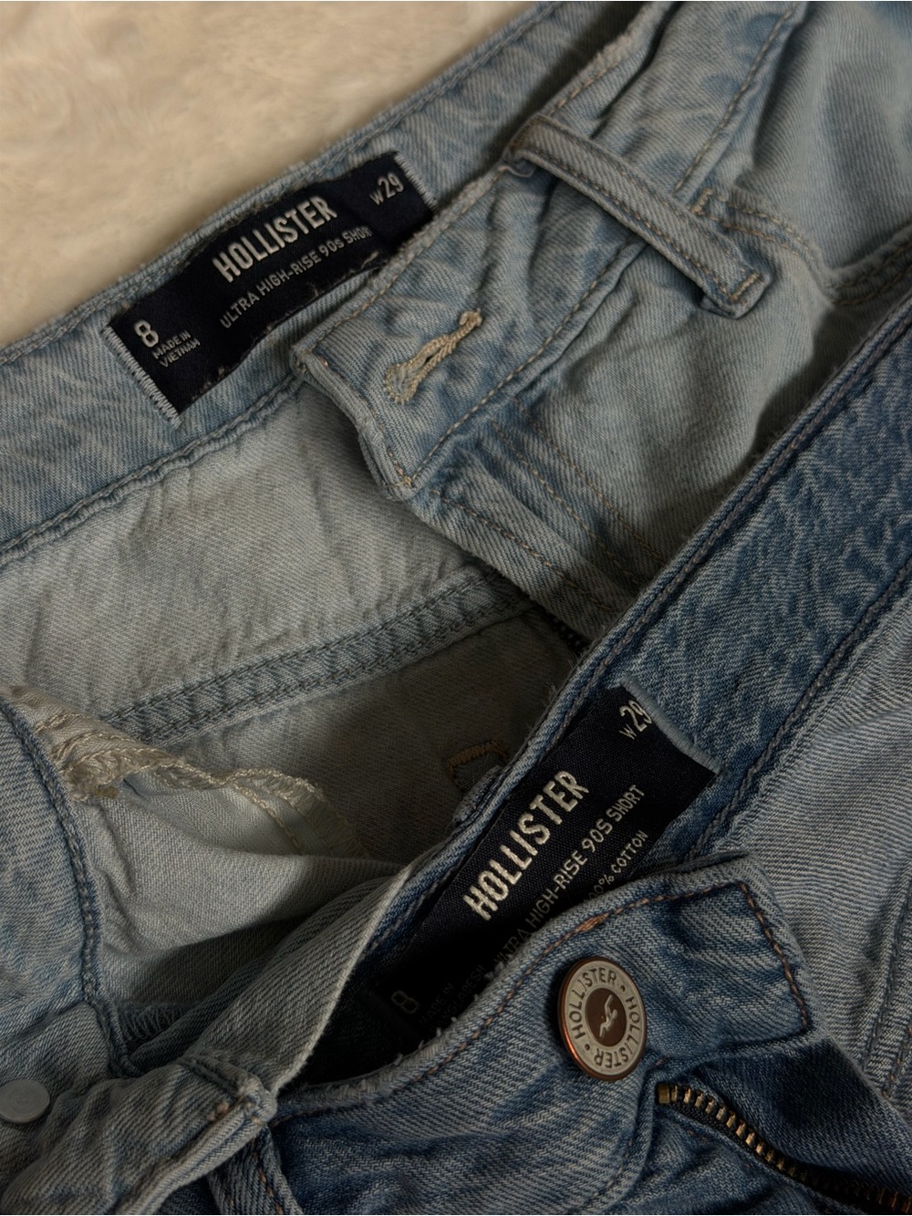 Two pairs of Hollister Women’s High-Rise Denim Shorts - Light Blue and Dark Blue - Picture 5 of 7